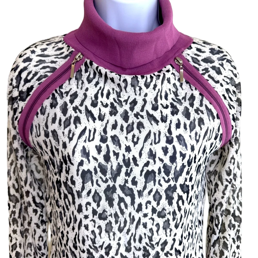 Fitelle Leopard Print Color Block High Neck Zip Top Large - Picture 2 of 7